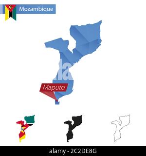 Mozambique blue Low Poly map with capital Maputo, versions with flag, black and outline. Vector Illustration. Stock Vector