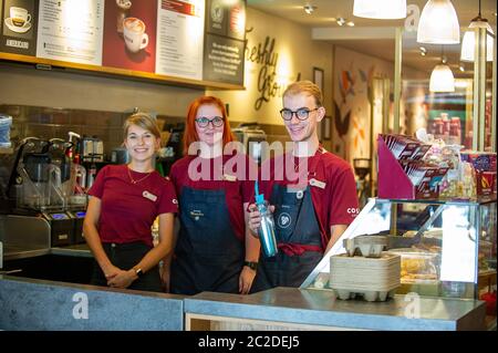 Royal Ascot week, Ascot, Berkshire, UK - 17 Jun 2020. Costa Coffee in Ascot High Street reopened yesterday for takeaways. The staff are delighted to be back at work following the Coronavirus lockdown but not as busy as they would be normally on a Royal Ascot week. Credit: Maureen McLean/Alamy Live News Stock Photo