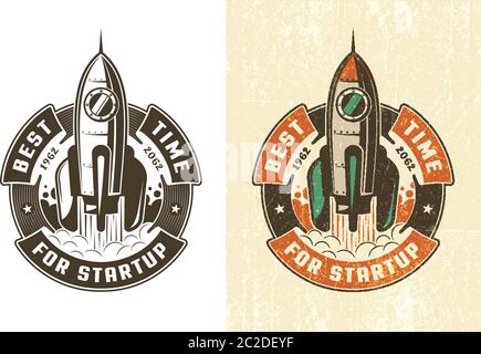Retro emblem rocket takes off in a circular ribbon Stock Vector