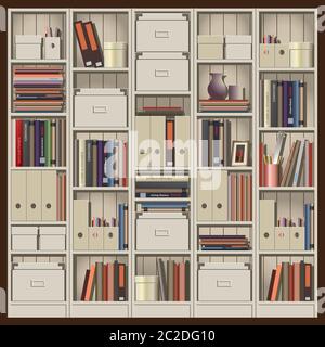 seamless horizontal vector illustration. composition shelves with books, files and other trifles. can be used as a background illustration of an anima Stock Vector