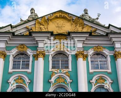 Close up detail of ornate architecture with classical sculptures of Winter Palace, The Hermitage, St Petersburg, Russia Stock Photo