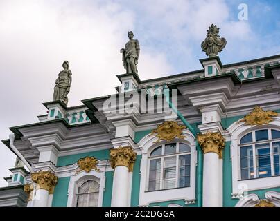 Close up detail of ornate architecture with classical sculptures of Winter Palace, The Hermitage, St Petersburg, Russia Stock Photo