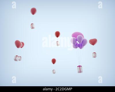 balloons with gift boxes flying away in the sky Stock Photo