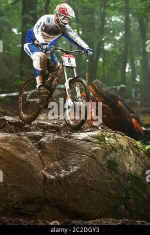 MONT ST ANNE, CANADA - JULY 27, 2008. Fabien Barel (FR) racing for Team Subaru Mondraker at the UCI Mountain BIke World Cup Stock Photo