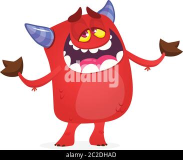 Cartoon illustration of funny red devil character with horns. Vector Stock Vector