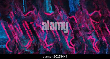 Dark moody distorted glitch background banner texture of random diagonal magenta streaks blended with pixelated black and blue in panorama format Stock Photo