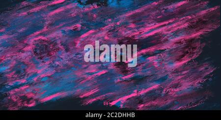 Dark moody distorted abstract background banner texture of random diagonal magenta streaks blended with pixelated black and blue in panorama format Stock Photo
