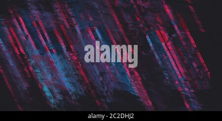Dark moody distorted glitch background banner texture of random diagonal magenta streaks blended with pixelated black and blue in panorama format Stock Photo
