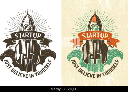 Retro logo with a rising rocket Stock Vector