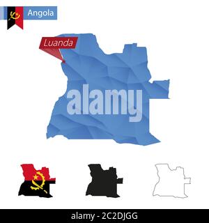 Angola blue Low Poly map with capital Luanda, versions with flag, black and outline. Vector Illustration. Stock Vector
