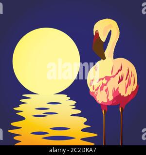 Stylized illustration of flamingo in the sun on the waterfront Stock Vector