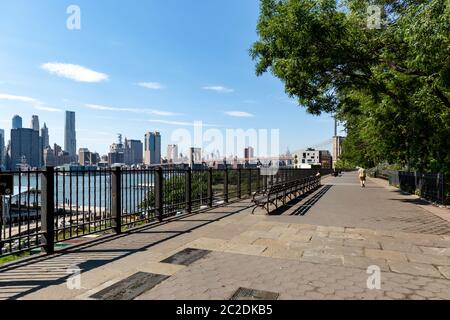 New York, City / USA - JUL 10 2018: Fort Stirling Park in clear afternoon of Lower Manhattan Skyline view from Brooklyn New York Stock Photo