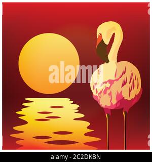 Stylized illustration of flamingo in the sun on the waterfront Stock Vector
