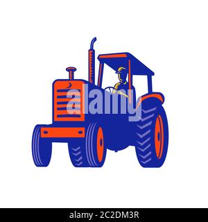 Retro style illustration of a vintage farm tractor viewed from front on low angle on isolated background. Stock Photo