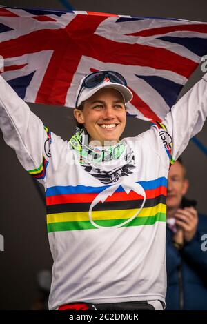 FORT WILLIAM, SCOTLAND - JUNE 5, 2011. World Champion Tracy Moseley (GBR) winning the UCI Downhill Mountain Bike World Cup Stock Photo
