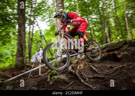 MONT ST ANNE, CANADA - JULY 1, 2011. Josh Bryceland (GBR) racing for Team Santa Cruz at the UCI Downhill Mountain Bike World Cup Stock Photo