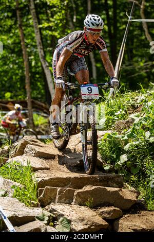 MONT ST ANNE, CANADA - JULY 2, 2011. Marie-Helene Premont (CAN) racing for Team Rocky Mountain at the UCI Cross Country Mountain Bike World Cup Stock Photo