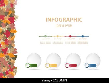 Infographics vector with autumn design containing four blank transparent balls with horizontal metal labels  ready for your text. Colorful fallen autu Stock Photo