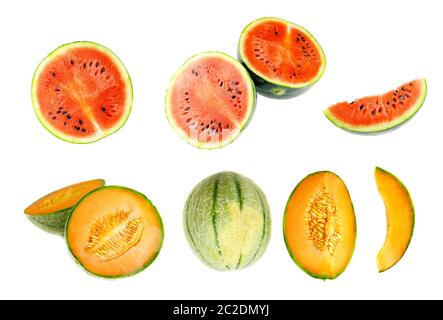 Collection of whole and cut watermelon and honeydew fruits isolated on white background. Set of different slices Stock Photo