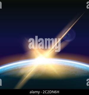 Realistic vector illustration of the planet's orbit and the view of the sun rising over it from space. can be used in your design, advertising product Stock Vector