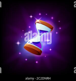 Hourglass video game icon with sparkles, dark background. Mobile application UI vector illustration in cartoon style Stock Vector