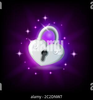 Video game icon with silver sparkly padlock on dark background, vector illustration for user interface in cartoon style Stock Vector