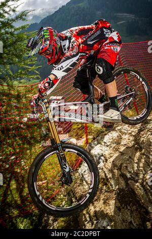 JULY 29, 2012 - VAL D'ISERE, FRANCE. UCI Mountain Bike World Cup. Steve Peat (GBR) racing at the UCI Mountain Bike Downhill World Cup Stock Photo