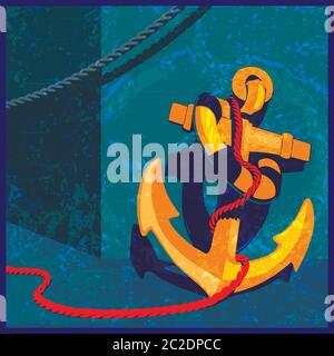 Composition on maritime theme stylized as old vintage photo. anchor, life buoy and ropes. can be used in advertising, printing products, as a symbol, Stock Vector