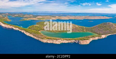 Telascica nature park and green Mir lake on Dugi Otok island aerial panoramic view, Kornati archipelago national park of Croatia Stock Photo