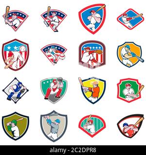 Collection of cartoon icon illustration of American baseball player, pitcher or batter, batting, pitching or throwing ball set inside shield isolated Stock Photo