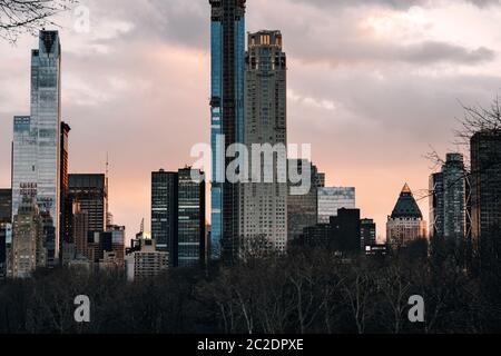 Sunset view of morden skyscrapers in Central Park south midtown Manhattan Stock Photo