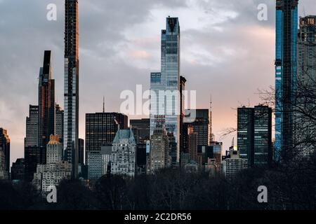 Sunset view of morden skyscrapers in Central Park south midtown Manhattan Stock Photo