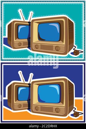 two variants of stylized vector illustration on the theme of old school electronics, televisions, telecommunications and broadcasting Stock Vector