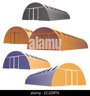 Stylized vector illustration on an industrial theme. hangar, warehouses in black and white and color options Stock Vector