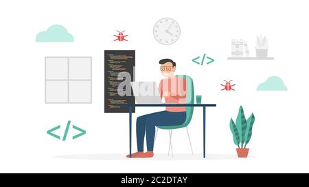 Programer working on laptop coding programming web development software mobile desktop platforms modern flat cartoon style vector design Stock Photo