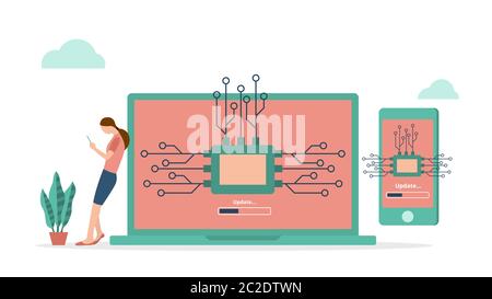 Firmware system update computer and smartphone concept in flat vector design. woman use smartphone stand near large laptop Stock Photo