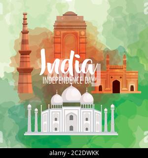 famous monuments of india in background for happy independence day Stock Vector