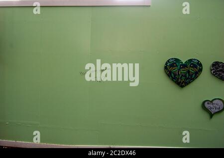 NORTH KENSINGTON/LONDON - JULY 18 2019: Grenfell Tower memorial wall pictured just over two years after the devastating fire that killed 72 people Stock Photo