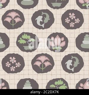 Hand drawn japanese symbol seamless pattern. Koi carp, bonsai, cherry blossom, lotus flower in soft ecru pink neutral tone. Asian zakka backdrop Stock Vector