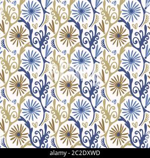 Tiny daisy damask swirl seamless pattern Dense floral fabric textile. Vector daisies hand drawn all over print Stock Vector