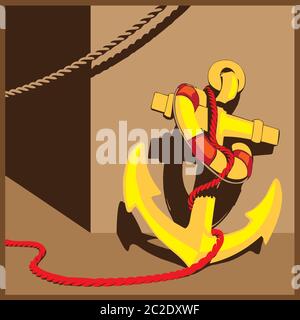 stylized composition on the marine theme with warm colors. anchor, life buoy and ropes. can be used in advertising, printing products, as a symbol, et Stock Vector