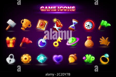 Mobile game icons set isolated on dark background. GUI elements for mobile app, vector illustration pack in cartoon style Stock Vector