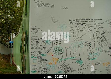 NORTH KENSINGTON/LONDON - JULY 18 2019: Grenfell Tower memorial wall pictured just over two years after the devastating fire that killed 72 people Stock Photo