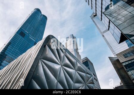 Looking up view of skyscraper of Hudson Yards in midtown New York City
