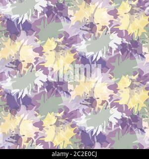 Blurry shibori tie dye abstract splash background. Seamless pattern on bleached resist white. Spring lilac pastel for irregular dip dyed batik textile Stock Vector