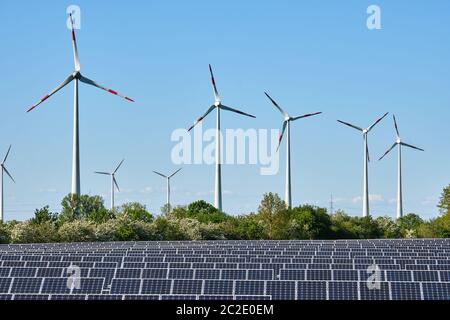 Solar system and wind power turbines seen in Germany Stock Photo