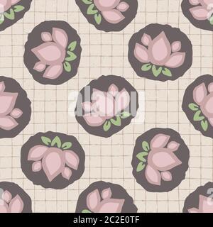 Hand drawn lotus flower seamless pattern. Japanese style polka dot ditsy background. Soft pink neutral tones. All over print for asian zakka craft Stock Vector