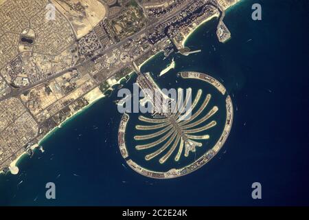 PALM ISLAND, DUBAI, UAE - 28 April 2017 - French astronaut Thomas Pesquet took this remarkable image of Palm Island Dubai United Arab Emirates during Stock Photo