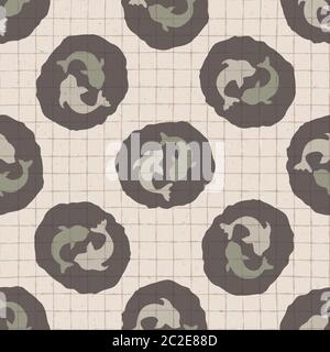 Hand drawn japanese koi carp symbol seamless pattern. Soft ecru beige neutral tone on grid background. Asian animal yin yang icon zakka backdrop Stock Vector
