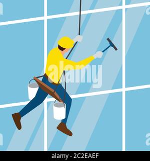 glass cleaner of steeplejack washing a skyscraper windows Stock Vector